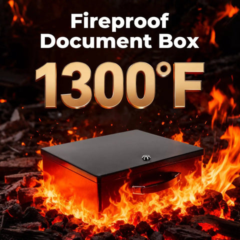 Fireproof Document Safe Box With Key Lock 1300°F surrounded by flames, heavy duty portable lock box for home or travel.