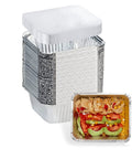 Stack of aluminum foil pans with one pan filled with salad, showcasing 40 Pack 5x4 Inch Disposable Aluminum Foil Pans With Cardboard Lids For Cooking And Baking Party Meals Takeout Trays To Go Disposable Containers For Events And Parties.
