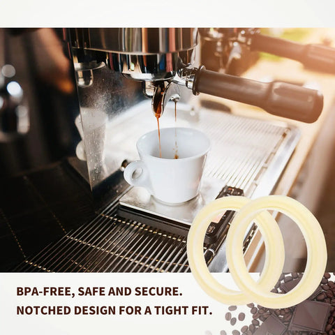 54mm Silicone Steam Ring Replacement Gasket For Espresso Machines Dope Fit On Breville And Sage Models 870 878 880 860 840 810 500 450 BPA Free Food Grade Silicone Easy Install Durable, displayed with espresso machine and coffee cup.