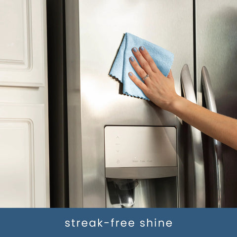Front view of blue microfiber cleaning cloth on a stainless steel refrigerator door, 11.8 x 11.8 in