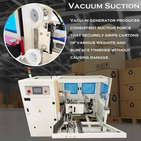 Heavy Duty Automatic Carton Erector And Bottom Taping Sealer with vacuum suction, showing control panel and carton gripping mechanism.