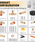 Brass DOT 124 Pcs Air Line Fittings Kit With 50 Ft Air Lines In 1/2, 3/8, 1/4, And 1/8 Inch, fittings and components layout