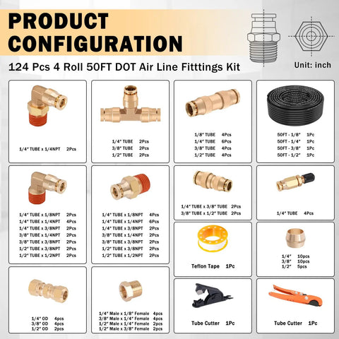 Brass DOT 124 Pcs Air Line Fittings Kit With 50 Ft Air Lines In 1/2, 3/8, 1/4, And 1/8 Inch, fittings and components layout