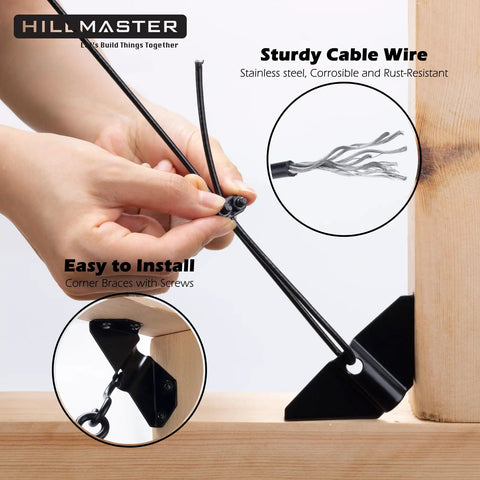 Heavy Duty Anti Sag Gate Kit For Wooden Fences Featuring Rust Resistant Zinc Cable Rigging To Keep Your Backyard Gate Straight And Tight Quick Fit Outdoor Repair Fix Black Two Pack, showing installation details.