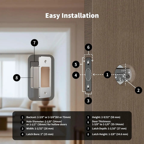 Installation guide for Slick Apple Home Key Smart Door Lock With Quick Scan Fingerprint Reader, showing measurements for easy setup.