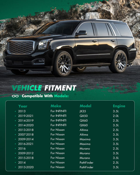 Full-size black SUV parked, vehicle fitment list for Infiniti JX35, QX60, Nissan Altima, Maxima, Murano, Pathfinder, Quest