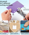 Demonstrating the All In One Badge Slot Punch For ID Cards And PVC, Handheld Card Puncher with multiple punching methods.