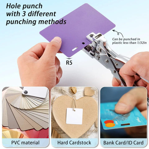 Demonstrating the All In One Badge Slot Punch For ID Cards And PVC, Handheld Card Puncher with multiple punching methods.