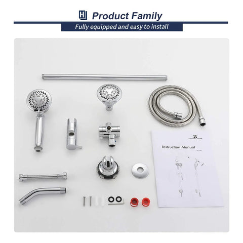 Two In One Handheld And Overhead Shower Head System In Chrome With Five Modes Four Inch And Four Inch Dual Shower Heads Liftable No Drill Install Sixty Inch Stainless Steel Hose components
