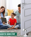 Family in living room with open white door held by 8 Pack Stainless Steel Magnetic Door Stoppers With Screws Magnetic Catch Holder