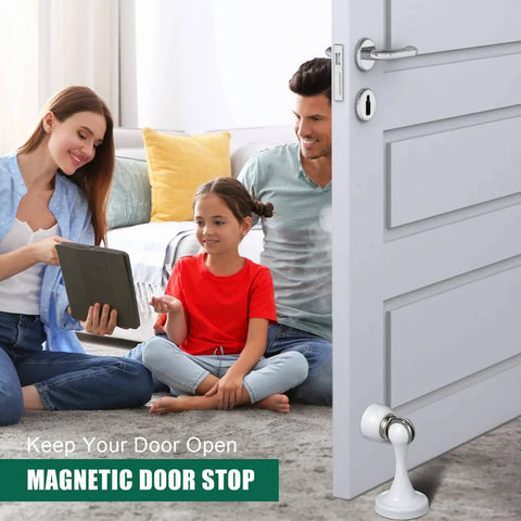 Family in living room with open white door held by 8 Pack Stainless Steel Magnetic Door Stoppers With Screws Magnetic Catch Holder