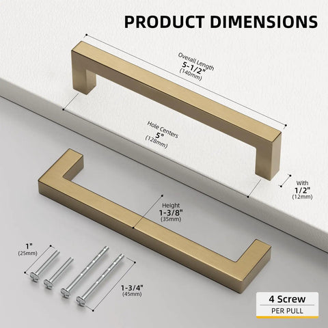 Top Shelf Champagne Bronze Cabinet Pulls 5 Inch 10 Pack Brushed Gold Drawer Handles For Kitchen Bathroom And Dresser T Bar Square Hardware With Slick Metallic Finish That Really Slaps dimensions with screws shown