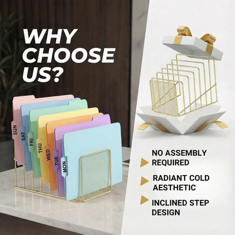 Gold Desk Organizer With 7 Slot Inclined Vertical File Holder Mesh Front Rack For Mail Slim Binders And Books Slick Modern Office Organizer And Desktop Decor, showing colorful file folders and packaging.