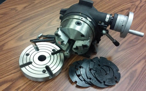Heavy Duty 6 Inch Precision Indexing Spacer With Adjustable Chuck Rock Solid Worm Gear Rotary Base, showing dial and metal plates.