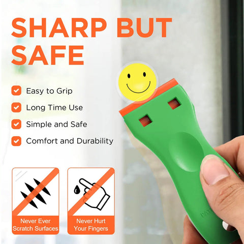 Close-up of green plastic razor blade scraper tool with text on features, part of Plastic Razor Blade Scraper Tool Kit 2 Pack With 100 Replacement Blades No Scratch Safe Window Glass Vinyl Decal Removal For Walls Floors Kitchens Stoves Cars And More Cleaning Supply.