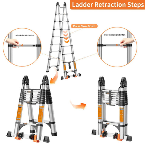 Heavy-Duty Telescoping A-Frame Ladder 12.5 Ft With Dual Locks, Triangular Stabilizers, And 330 Lb Capacity, Wobble-Free Anti-Slip Rungs, Reinforced Feet For Steady Home And Pro Jobs, retraction steps