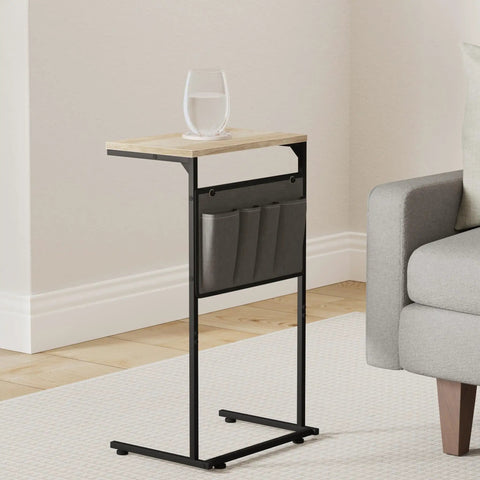 C Shaped End Table For Couch And Recliner With Under Sofa Sliding Laptop Tray And Storage Pockets, Greige Finish, living room.