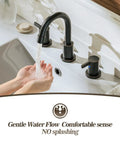Oil Rubbed Bronze 8 Inch Widespread Bathroom Faucet With Two Handles For Three Hole Mount Includes Valve And Metal Pop Up Drain Built To Last For 6 To 12 Inch Widespread Setups WF015-1-ORB in use with hands under gentle water flow.