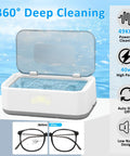 Deep Clean 49KHz Jewelry Cleaner Machine with 800ml tank demonstrating powerful cleaning effect on eyeglasses.