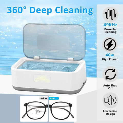 Deep Clean 49KHz Jewelry Cleaner Machine with 800ml tank demonstrating powerful cleaning effect on eyeglasses.