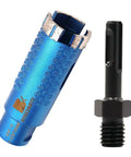 Close-up Diamond core drill bit by BRSCHNITT, 1-3/8 in, laser-welded with 5/8-11 thread; blue metal body with adapter