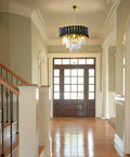 Modern Round Black Crystal Chandelier With Adjustable Cord And Chain, 15.74 Inch Diameter, in elegant foyer