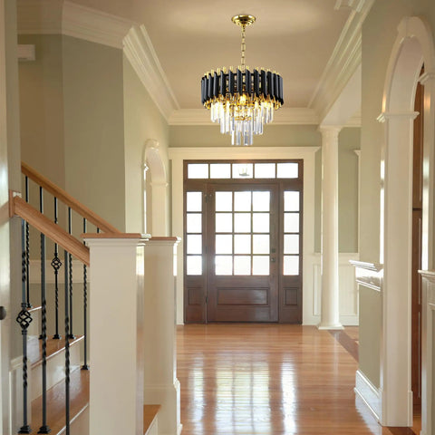 Modern Round Black Crystal Chandelier With Adjustable Cord And Chain, 15.74 Inch Diameter, in elegant foyer