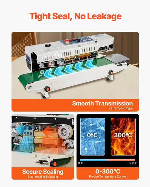 Heavy Duty Continuous Horizontal Bag Sealer Machine With Digital Temp Control And Air Blow Function For Quick Plastic Packaging Grinds showing tight seal and temperature control.