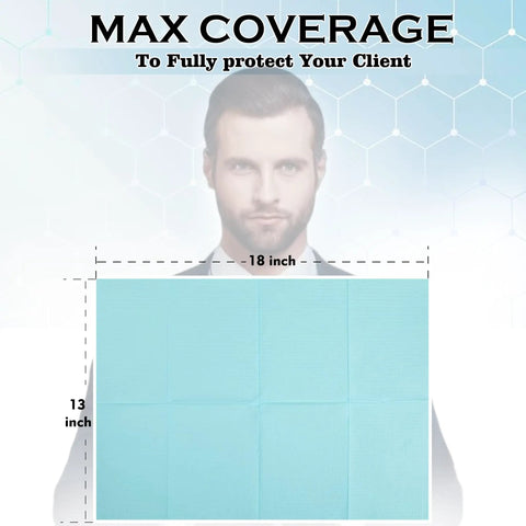Disposable Dental Bibs Pack Of 125, 13 By 18 Inch, 3-Ply Waterproof Tray Covers For Patients And Procedures, Dentist And Esthetician Must-Haves, Nail Table And Tattoo And Eyelash Stations, Pink. Visual showing the size and coverage of a dental bib.