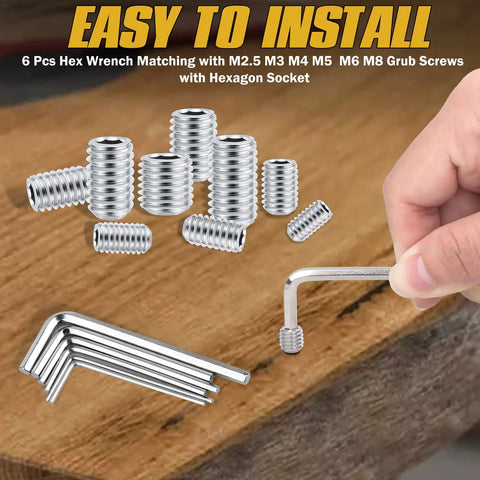 Screws and hex keys from 440Pcs Metric Set Screw Kit Tough Stainless Steel Hex Allen Head Grub Screws M2.5 To M8 With 6 Hex Keys