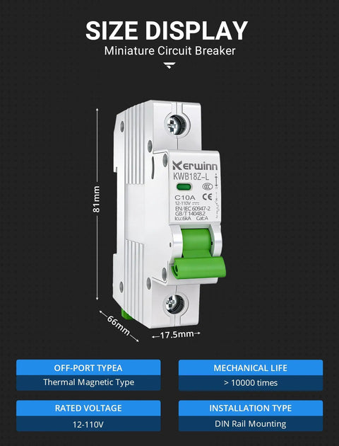 Front view of DC Miniature Circuit Breaker 12-110V DC 1 Pole 6A DIN Rail Mount for Battery Power Solar PV and RV Systems