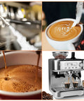 Premium Semi Automatic Espresso Machine With Built In Cone Grinder, Stainless Steel Body, Digital Control, 78 Oz Detachable Tank, Steam Frother For Creamy Lattes, Easy Peasy Daily Brewing Starry Grey pouring espresso and steaming milk.