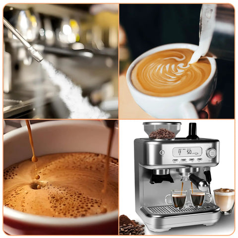 Premium Semi Automatic Espresso Machine With Built In Cone Grinder, Stainless Steel Body, Digital Control, 78 Oz Detachable Tank, Steam Frother For Creamy Lattes, Easy Peasy Daily Brewing Starry Grey pouring espresso and steaming milk.