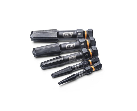 Set of 5 steel extractors from the 10 Piece Bolt Biter Screw Extractor Set For Stuck Fasteners, Strong Steel That Lasts Up To 50 Times Longer, Bi Directional Design Loosens Or Tightens Damaged Screws, Tapered Cutting Edges, Hex Base Fits Hand And Power Tools, Easy Size Laser Markings displayed on white background.