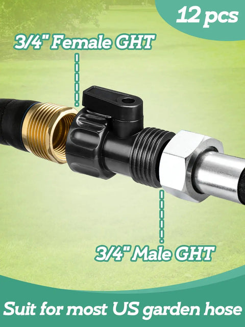 12 Pack Three Quarter Inch Plastic Garden Hose Shut Off Valve With Quick Connect Fittings For Standard US Hoses Easy Snap Watering Connector Kit For Sprinklers Nozzles And Yard Accessories, 3/4 in GHT