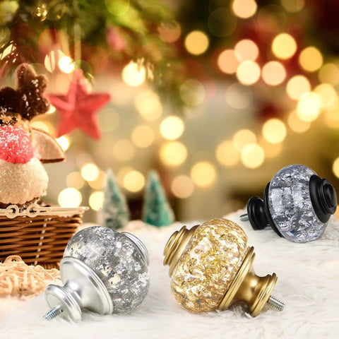 Three finials in silver, gold, and black glitter under a festive light background for Telescoping Curtain Rod Set 32 To 58 Inches Adjustable 7 Eighth Inch Drape Rod For Windows 20 To 54 Inches Silver With Translucent Finials Decorative Home Curtain Hardware Easy Glide