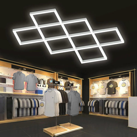 8 Hex Diamond LED Garage Light Ultra Bright 20400 Lumens 6500K Natural White installed in a retail store ceiling