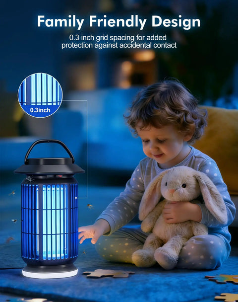 Child playing near Beast 4000V Outdoor Bug Zapper With Built In Night Light Electric Mosquito Killer, showing safe grid spacing.