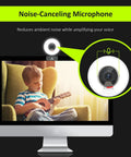 Crisp 1080P 60FPS Webcam With Built In Ring Fill Light And Smooth Touch Controls For Streaming Or Group Calls On Laptop Or Desktop PC With Dual Stereo Mics And Fast Autofocus, showing noise-canceling feature.