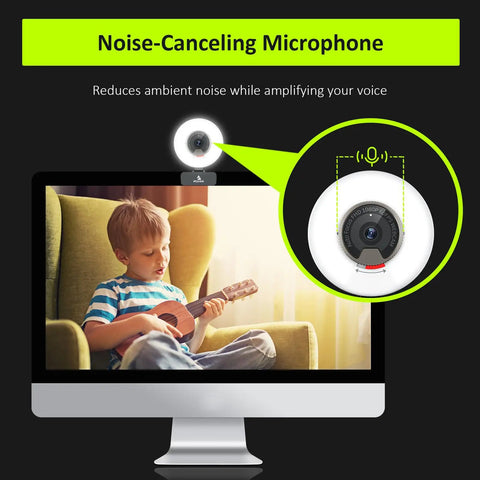 Crisp 1080P 60FPS Webcam With Built In Ring Fill Light And Smooth Touch Controls For Streaming Or Group Calls On Laptop Or Desktop PC With Dual Stereo Mics And Fast Autofocus, showing noise-canceling feature.