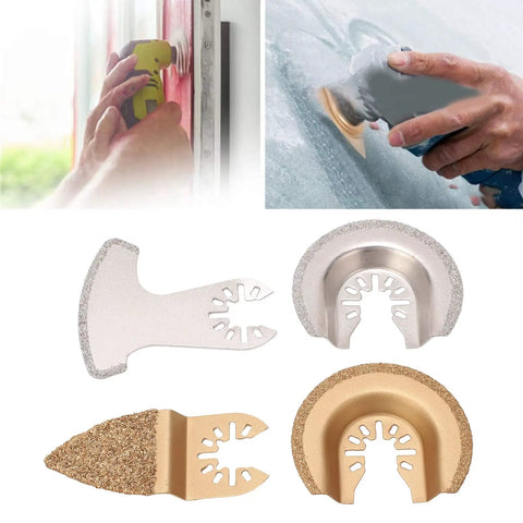 4 Piece Oscillating Saw Blades Multi Tool Kit with semi-circle finger blades, high grit carbide, shown on grout and concrete surfaces.