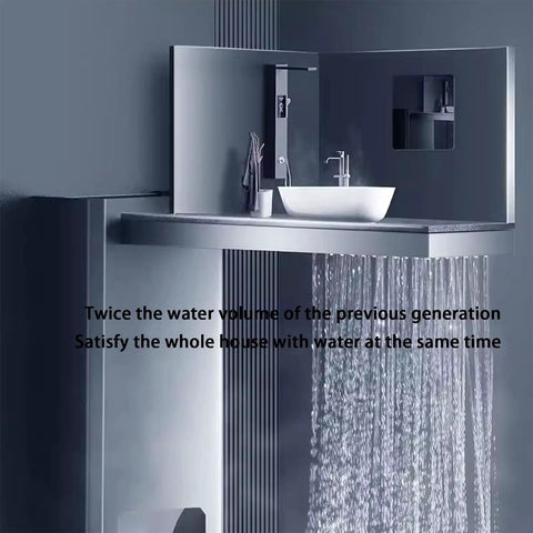Heavy Duty Wall Mounted Shower System With Instant Electric Water Heater And No Sweat Constant Temp Control Featuring Dual Shoulder And Bidet Sprayers For A Smooth Next Level Bath Setup In Black with elegant design and flowing water.