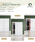 Sliding Closet Doors 60x80 Inches With White Bypass Barn Door Hardware Kit showcasing three opening modes in a green room.