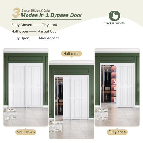 Sliding Closet Doors 60x80 Inches With White Bypass Barn Door Hardware Kit showcasing three opening modes in a green room.