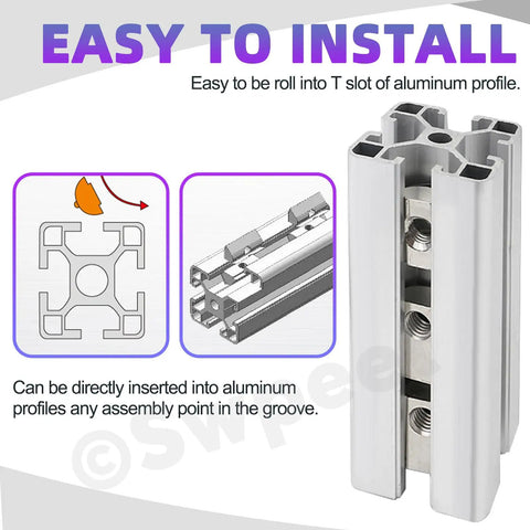 Easy installation guide for Heavy Duty 4040 Series T Slot Nuts Kit With Carbon Steel Nickel Plated Roll In Spring Nuts for aluminum rails.