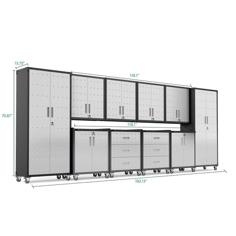 Heavy Duty 10 Piece Steel Garage Cabinet System With Workbench All In One Modular Garage Storage Set shown from front