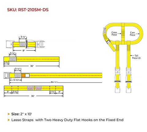 Diagram of 4 Pack 2 Inch By 10 Foot Wheel Tie Down Straps with Flat Hooks and Dual Ratchets for Car Hauling, yellow webbing.