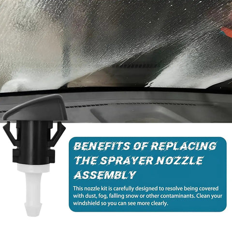 Two Piece Windshield Washer Nozzles Kit Replacement For Front Windshield Spray Heads Easy Install Plug And Play Fits Many Dodge And Jeep Models Including Charger Journey Compass OEM 4805742AB White Durable shown spraying water on windshield with benefits text