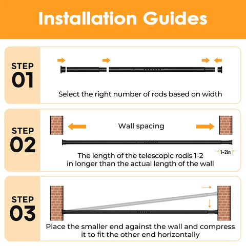 Installation guide for No Drill Tension Curtain Rod 43 To 124 Inch Adjustable Extra Long Beefy Heavy Duty Spring Loaded Rod For Windows