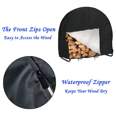 Heavy Duty Outdoor 48 Inch Firewood Log Hoop Rack Cover With Waterproof Zipper Black All Weather Protection open view